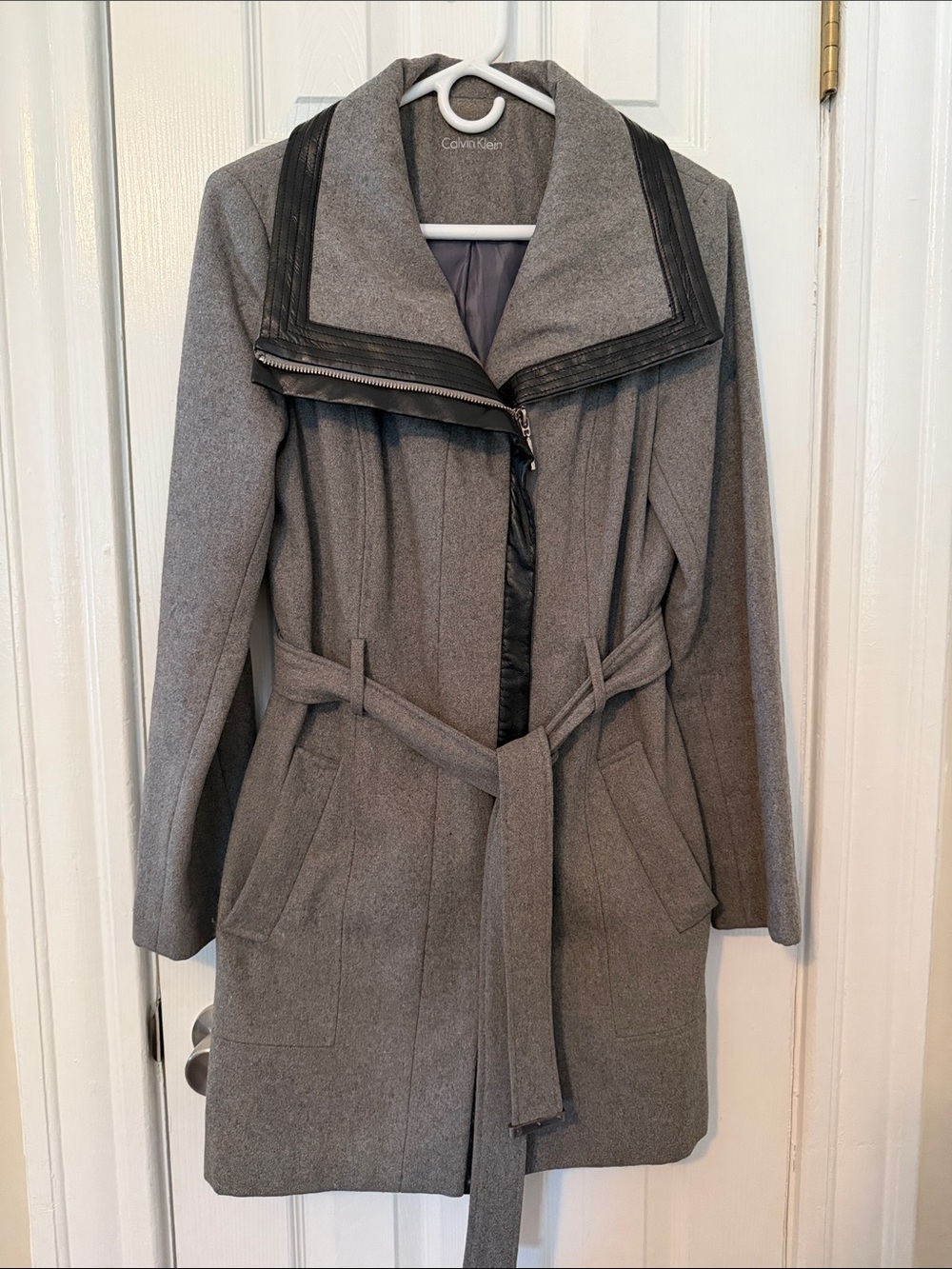 Calvin Klein Gray Belted Trench Coat with Leather Trim